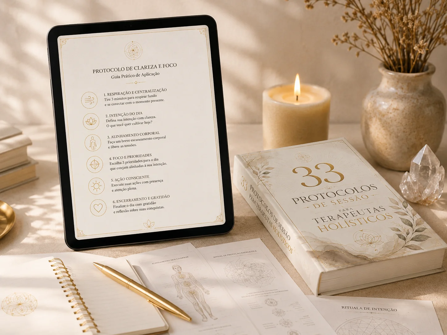 Tablet exibindo um protocolo do e-book ao lado do livro físico